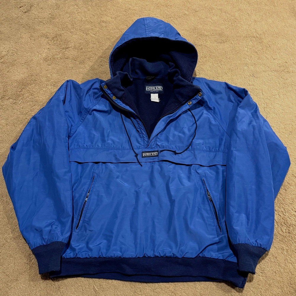 Vintage Lands End Jacket Mens L Blue Hooded Fleece Pullover Anorak 90s USA